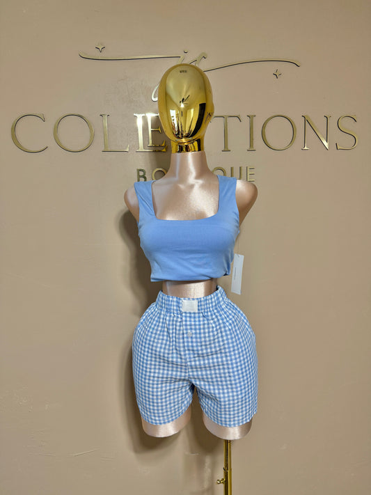 BLUE high waisted gingham shorts